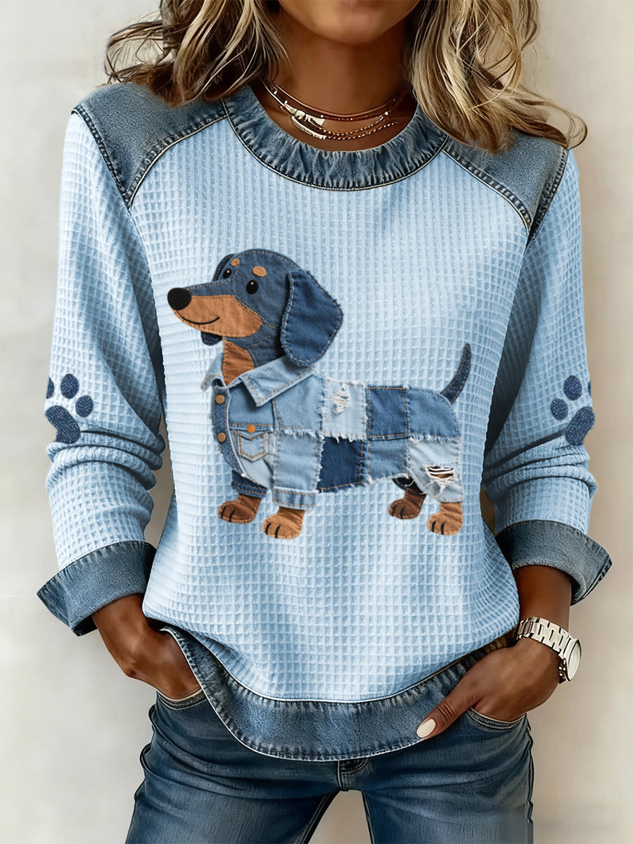 Encantador Dachshund Patrón Denim Patchwork Art Sudadera de mujer