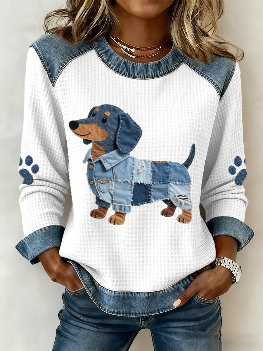 Encantador Dachshund Patrón Denim Patchwork Art Sudadera de mujer