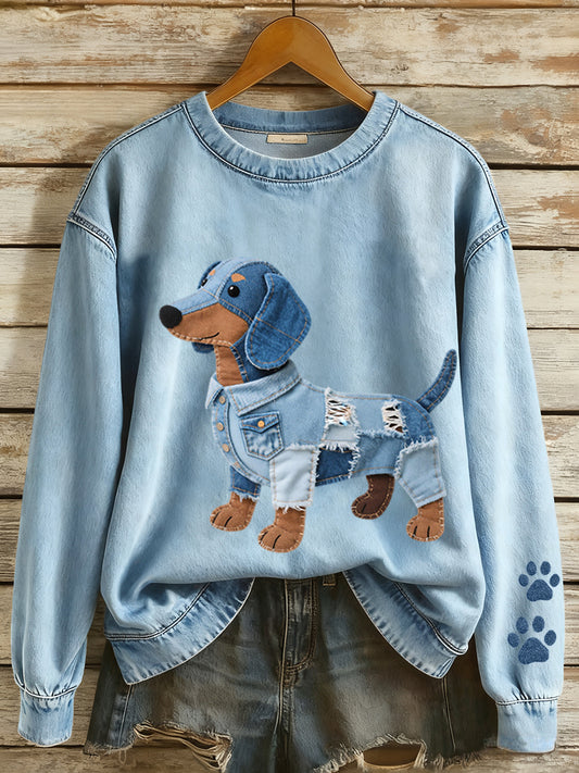Mujer Denim Patchwork Art Dachshund Patrón Sudadera