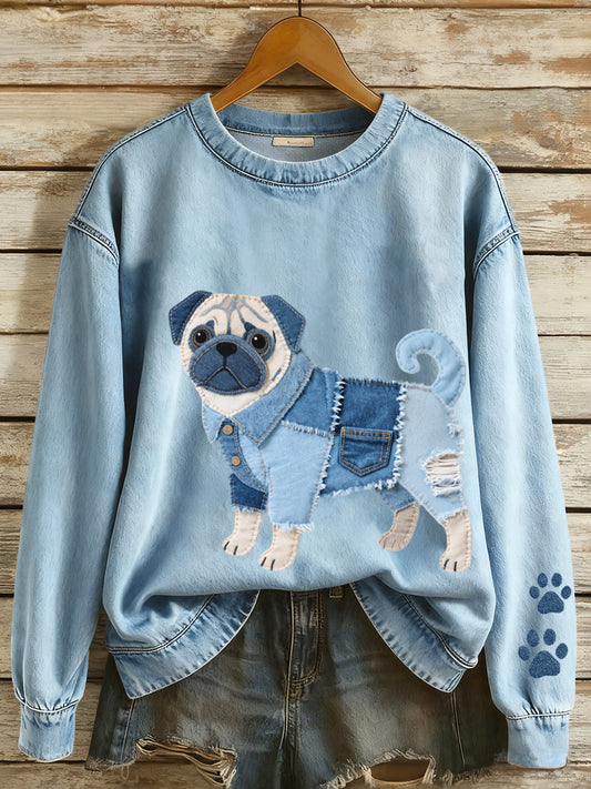 Mujer Denim Patchwork Art Pug Dog Patrón Sudadera