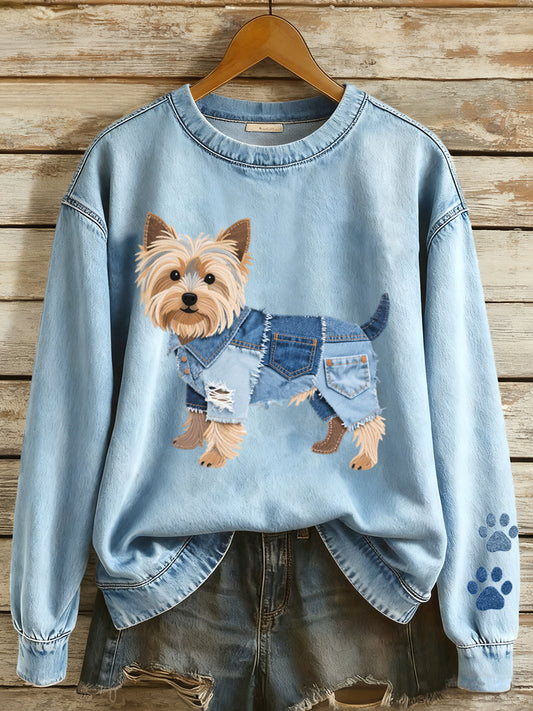 Mujeres Denim Patchwork Yorkshire Terrier perro patrón sudadera