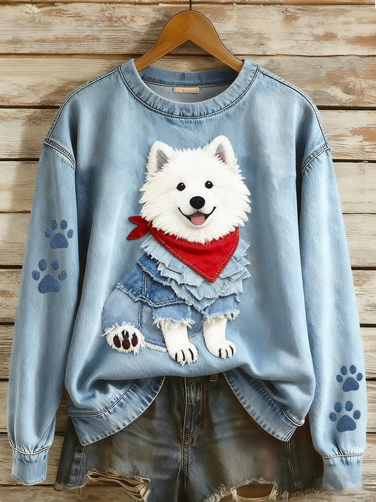 Women's Retro Denim Patchwork Animal Art Print Casual Comfort Long-Sleeve Sweatshirt