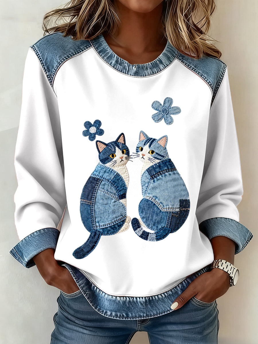 Gatos lindos de las mujeres Patrón Denim Patchwork Sudadera