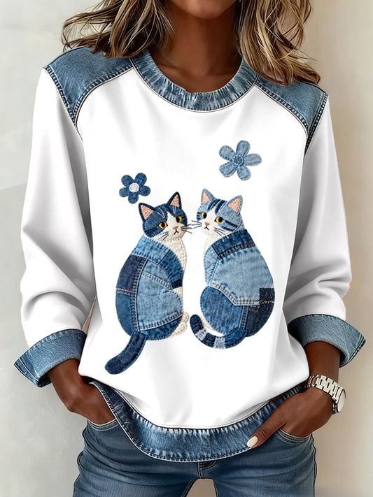 Gatos lindos de las mujeres Patrón Denim Patchwork Sudadera