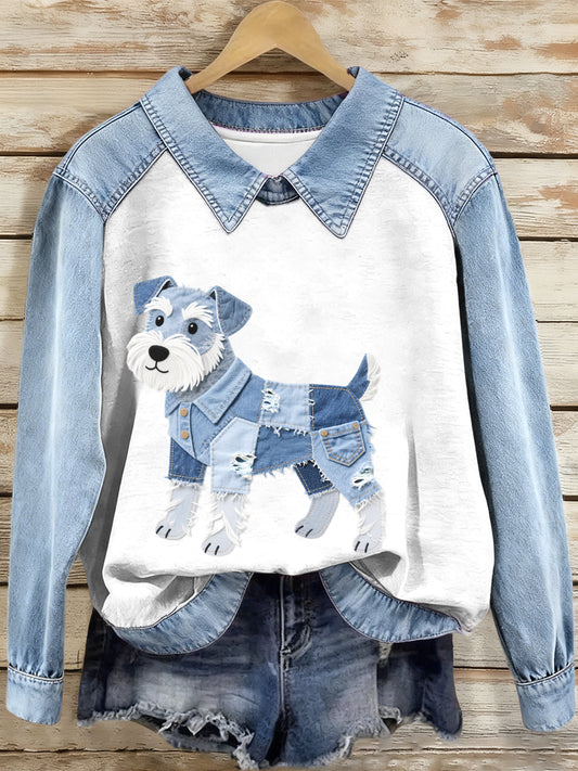 Sudadera de mujer Denim Patchwork Schnauzer Dog Pattern