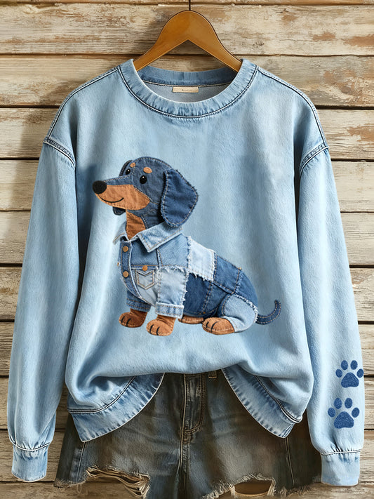 Mujer Denim Patchwork Art Dachshund Perro Patrón Sudadera