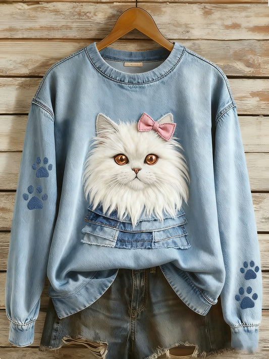 Women's Retro Denim Patchwork Animal Art Print Casual Comfort Long-Sleeve Sweatshirt
