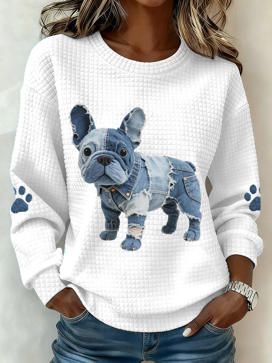 Mujeres Denim Patchwork Bulldog Francés Patrón Waffle Sudadera