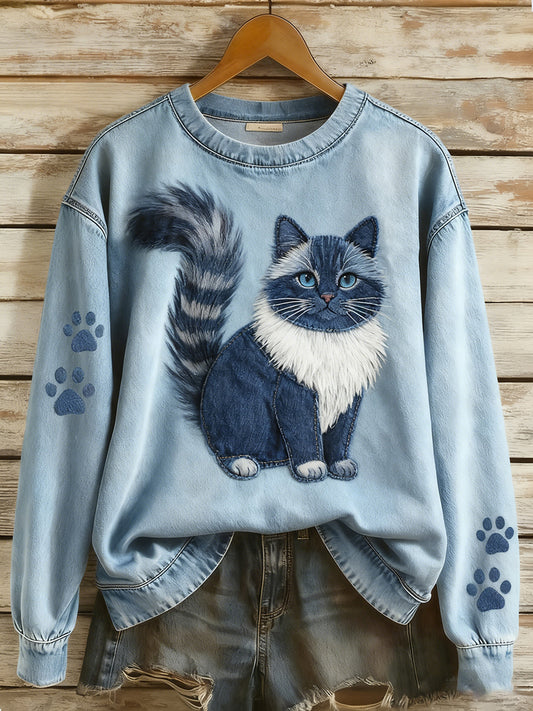 Women's Retro Denim Patchwork Animal Art Print Casual Comfort Long-Sleeve Sweatshirt