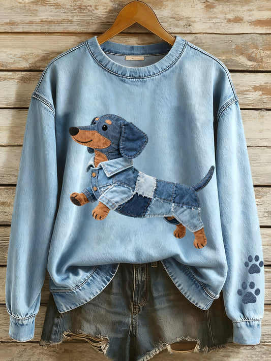 Mujer Denim Patchwork Art Dachshund Perro Patrón Sudadera