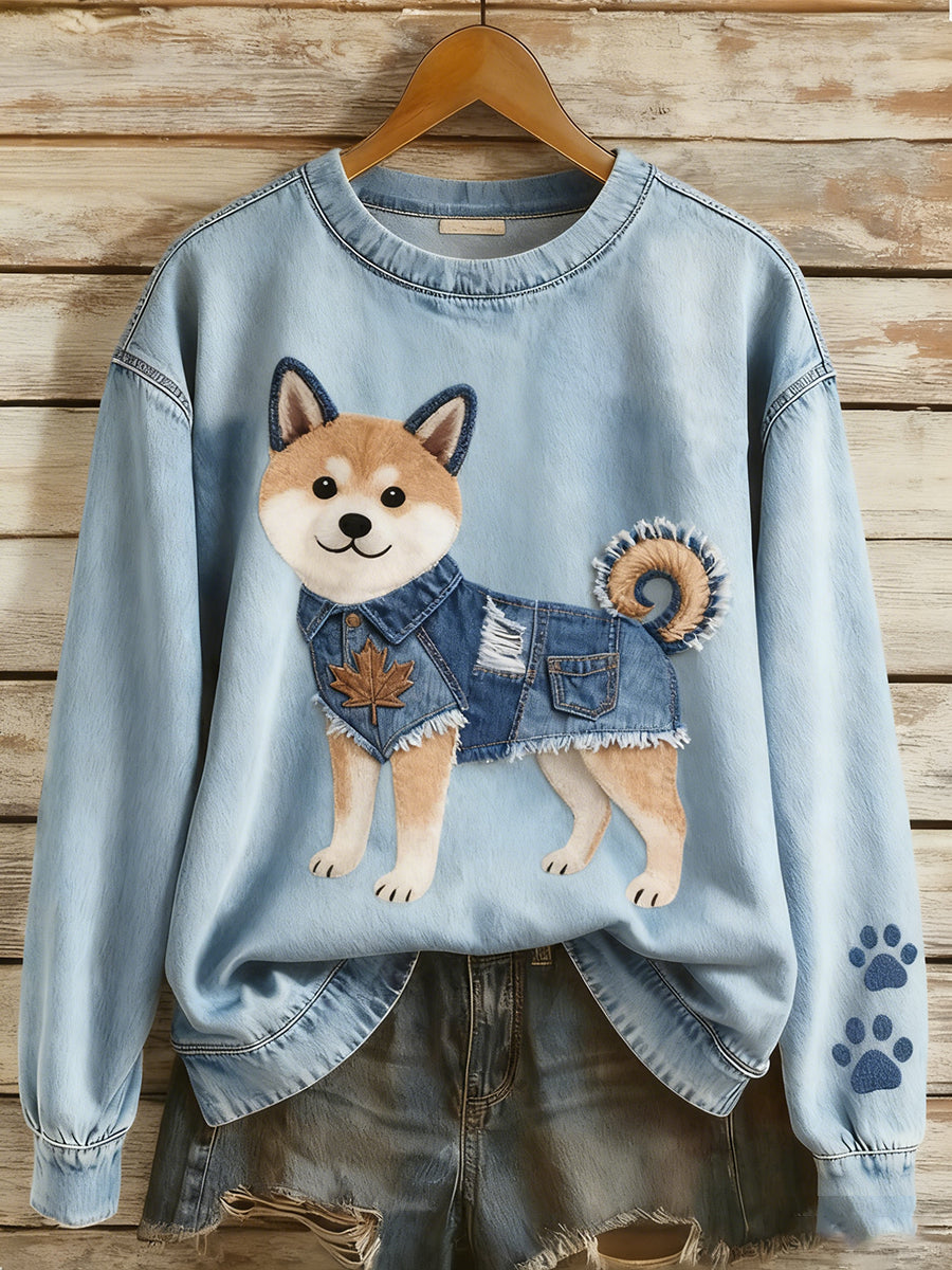 Women's Retro Denim Patchwork Animal Art Print Casual Comfort Long-Sleeve Sweatshirt