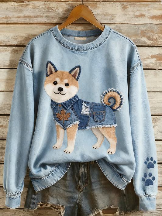 Women's Retro Denim Patchwork Animal Art Print Casual Comfort Long-Sleeve Sweatshirt