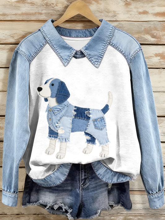 Mujer Denim Patchwork Beagle Perro Patrón Sudadera