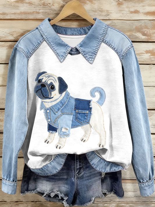 Sudadera con patrón de perro Pug Patchwork Denim para mujer