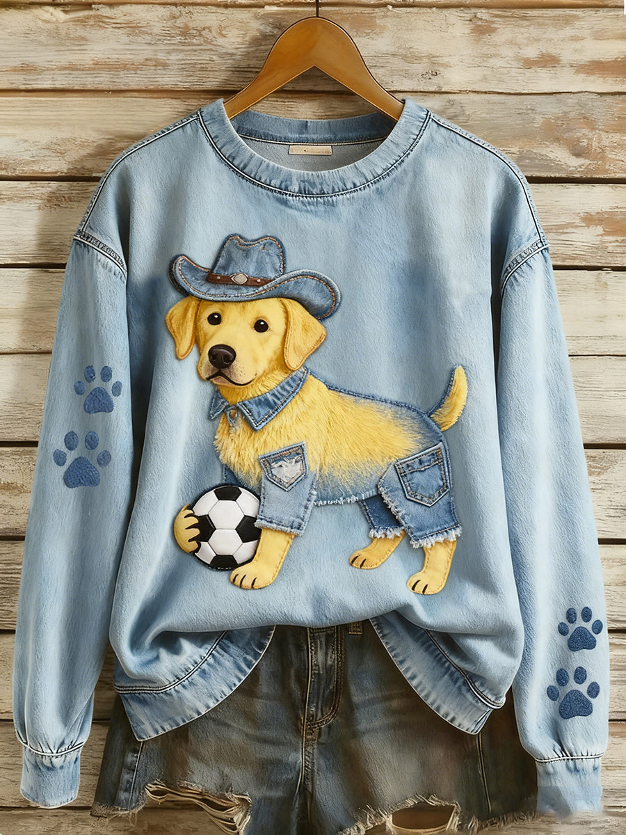 Women's Retro Denim Patchwork Animal Art Print Casual Comfort Long-Sleeve Sweatshirt