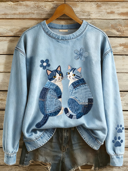 Mujeres Denim Patchwork Gatos Patrón Sudadera