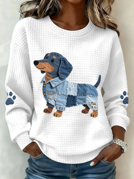 Mujer Denim Patchwork Dachshund Perro Patrón Waffle Sudadera