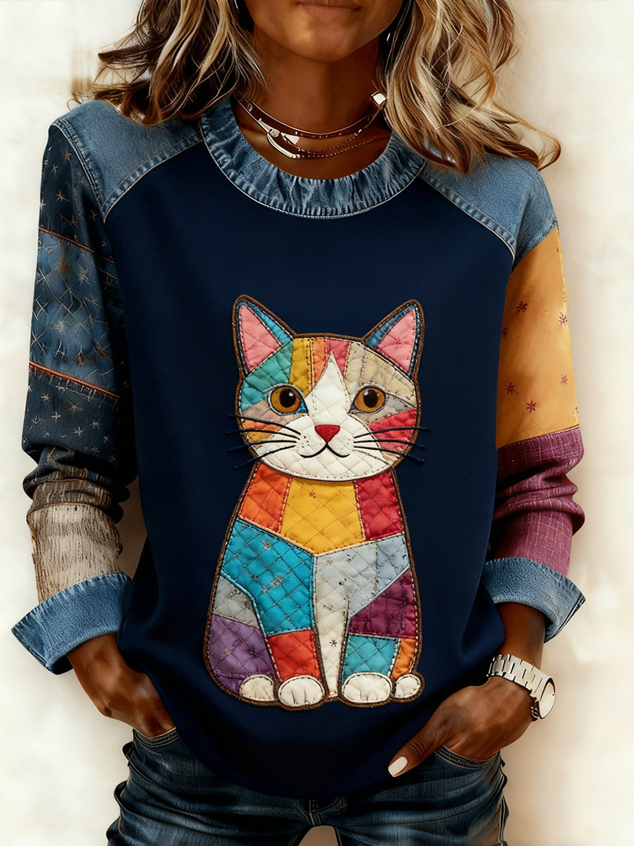 Women's Retro Animal Art Print Comfortable Denim Patchwork Sweatshirt