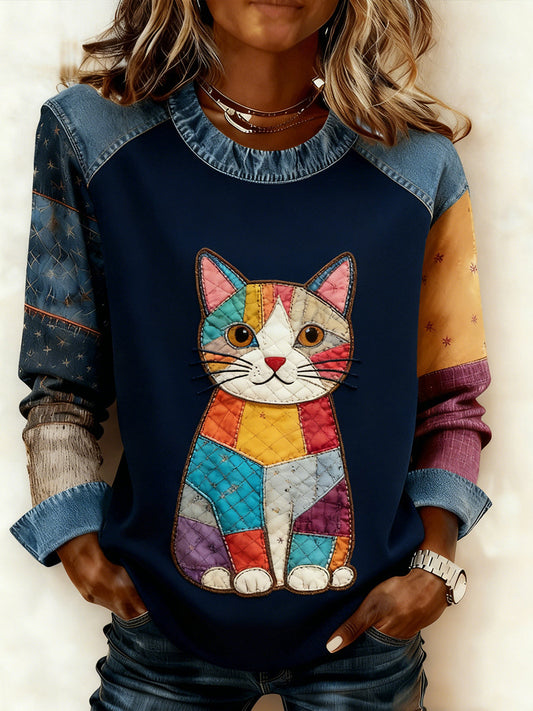 Women's Retro Animal Art Print Comfortable Denim Patchwork Sweatshirt