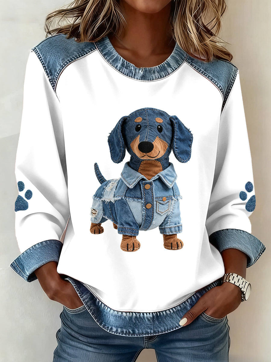 Encantador Dachshund Perro Patrón Denim Patchwork Sudadera de mujer