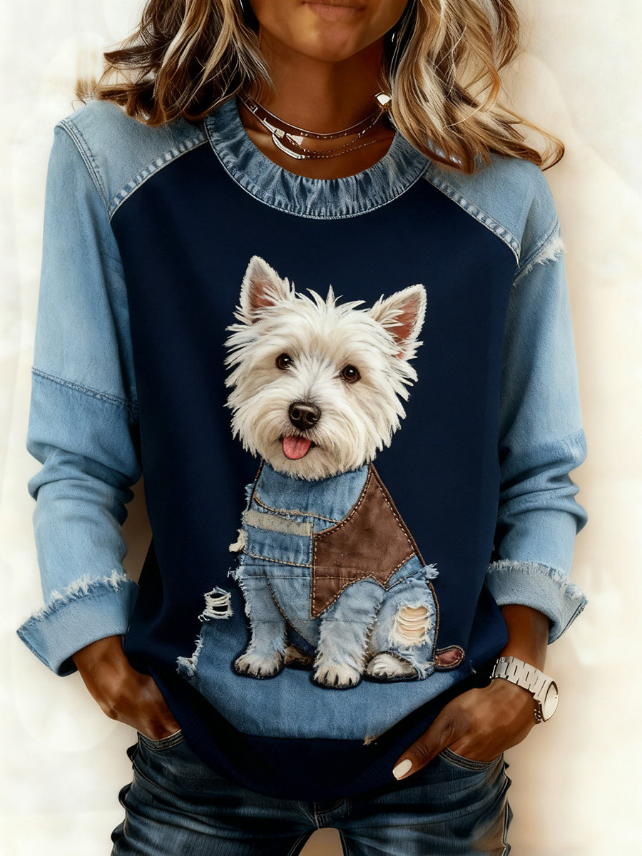 Women's Retro Animal Art Print Comfortable Denim Patchwork Sweatshirt