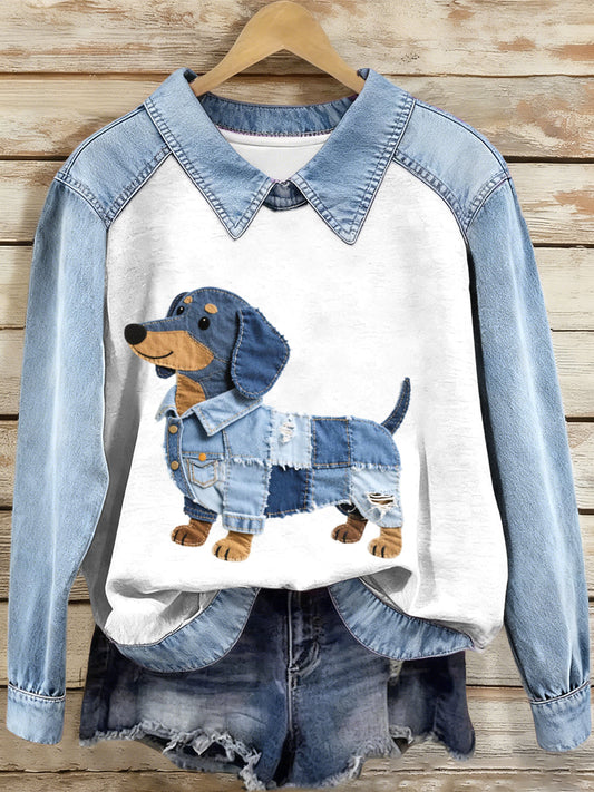 Mujer Denim Patchwork Dachshund Patrón Sudadera
