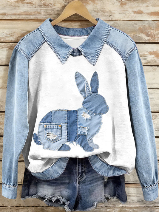 Sudadera con patrón de conejito de patchwork de mezclilla para mujer