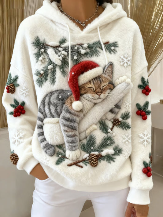 Sudadera con capucha de franela casual con estampado de arte lindo de Navidad para mujer