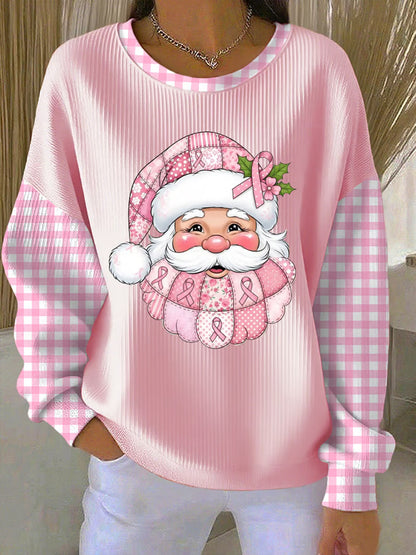 Conciencia del cáncer de mama de las mujeres Santa Claus imprimir acanalado cuello redondo sudadera