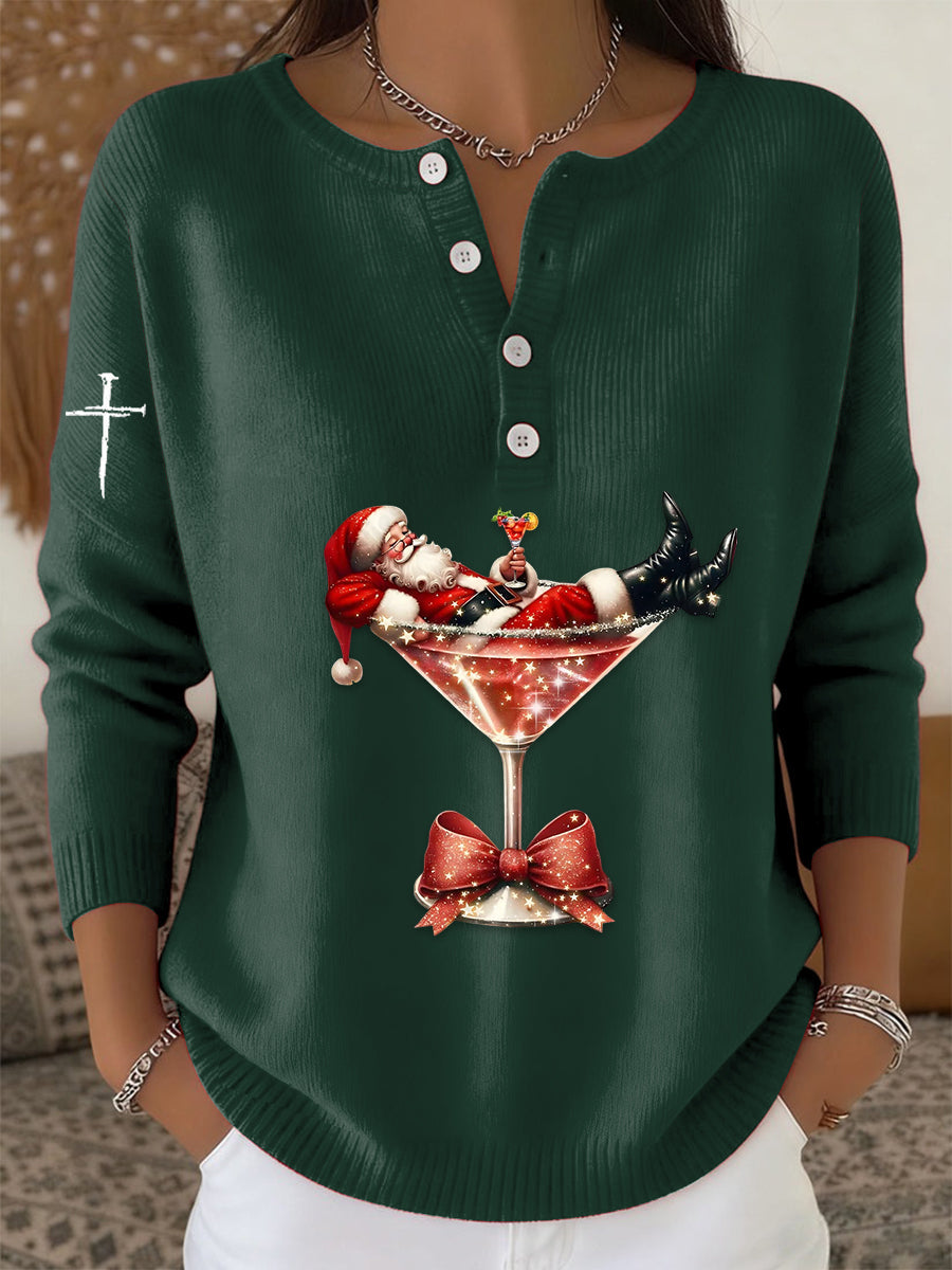 Suéter de manga larga con estampado de cóctel de Santa Claus de fe retro para mujer