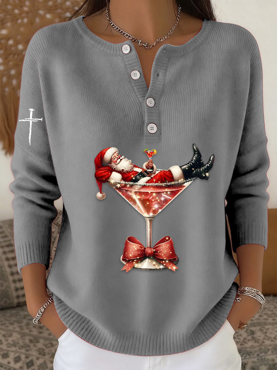 Suéter de manga larga con estampado de cóctel de Santa Claus de fe retro para mujer