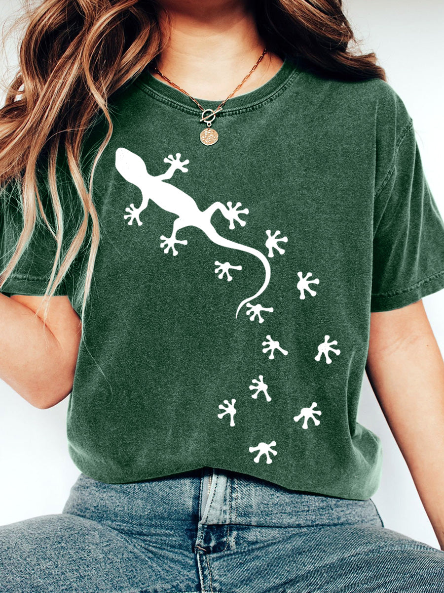 Camiseta lavada de la impresión del arte del lagarto de las mujeres