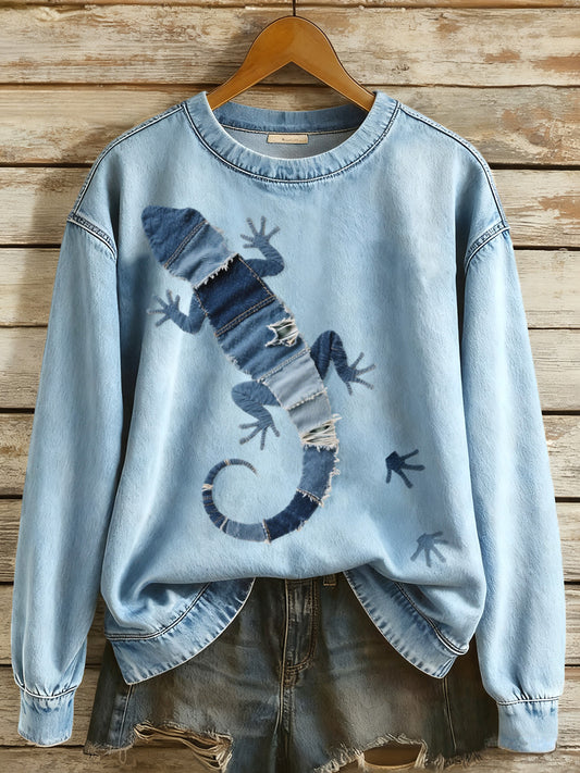 Mujer Denim Patchwork Lizard Pattern Sudadera