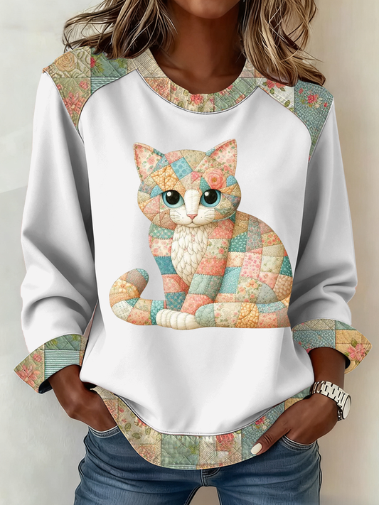 Lindo gato de las mujeres de impresión Patchwork Top