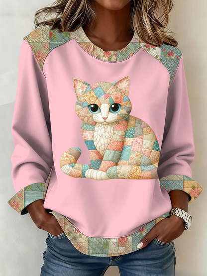 Lindo gato de las mujeres de impresión Patchwork Top
