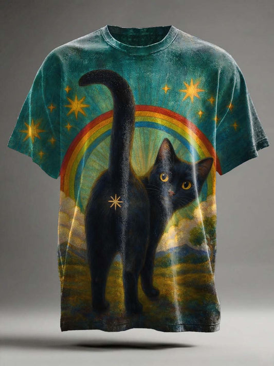 Diversión Rainbow Cat Print Casual camiseta de manga corta