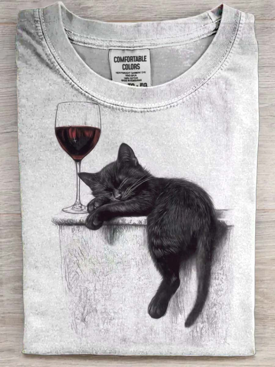 Camiseta de manga corta con estampado de gato para dormir