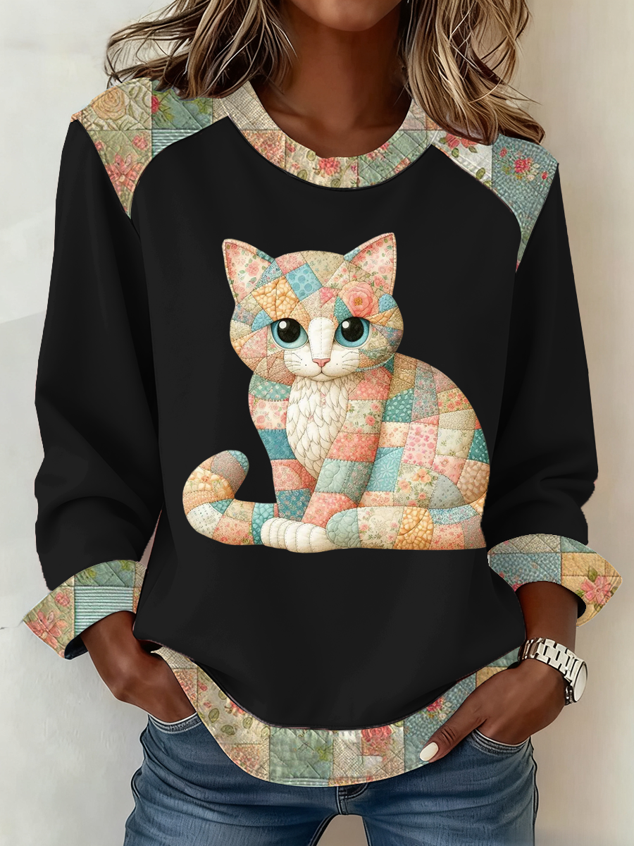 Lindo gato de las mujeres de impresión Patchwork Top