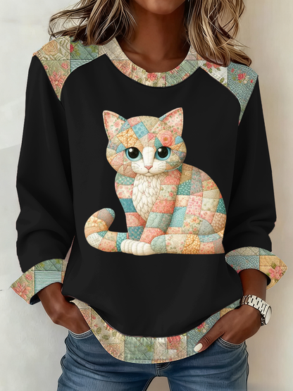 Lindo gato de las mujeres de impresión Patchwork Top