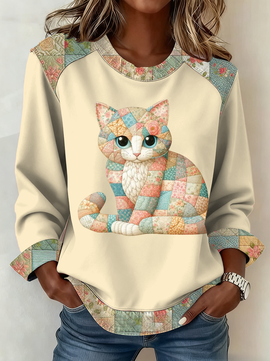 Lindo gato de las mujeres de impresión Patchwork Top