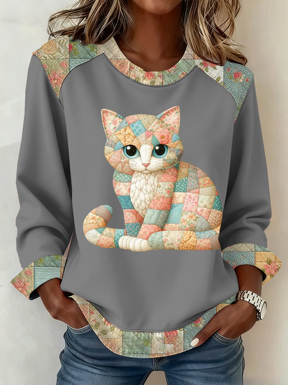 Lindo gato de las mujeres de impresión Patchwork Top