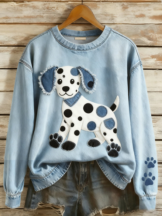 Retro Denim Patchwork Animal Art Print Casual Comfort Sudadera de manga larga para mujer