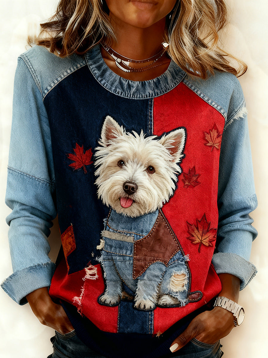 Mujeres Retro Animal Art Print cómodo Denim Patchwork sudadera