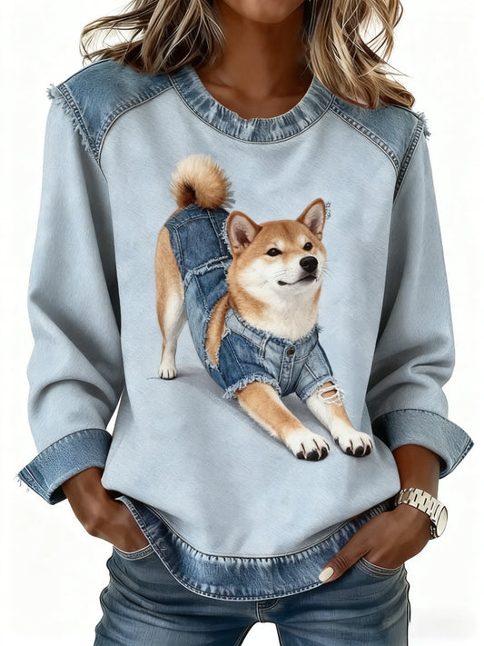 Top de manga larga con estampado de patchwork de mezclilla de perro lindo retro