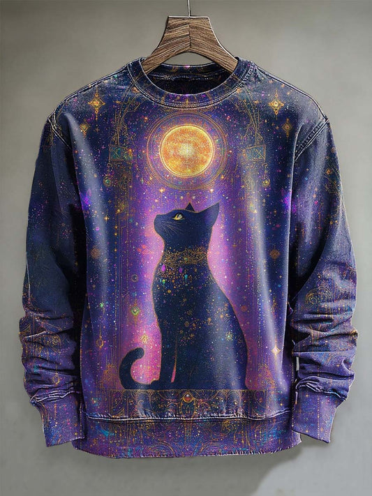 Sudadera de cuello redondo casual con estampado de gato psicodélico