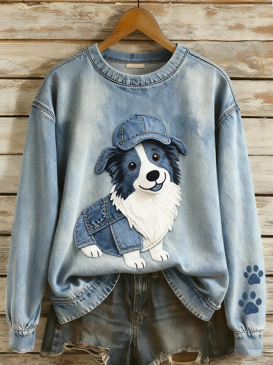 Retro Denim Patchwork Animal Art Print Casual Comfort Sudadera de manga larga para mujer
