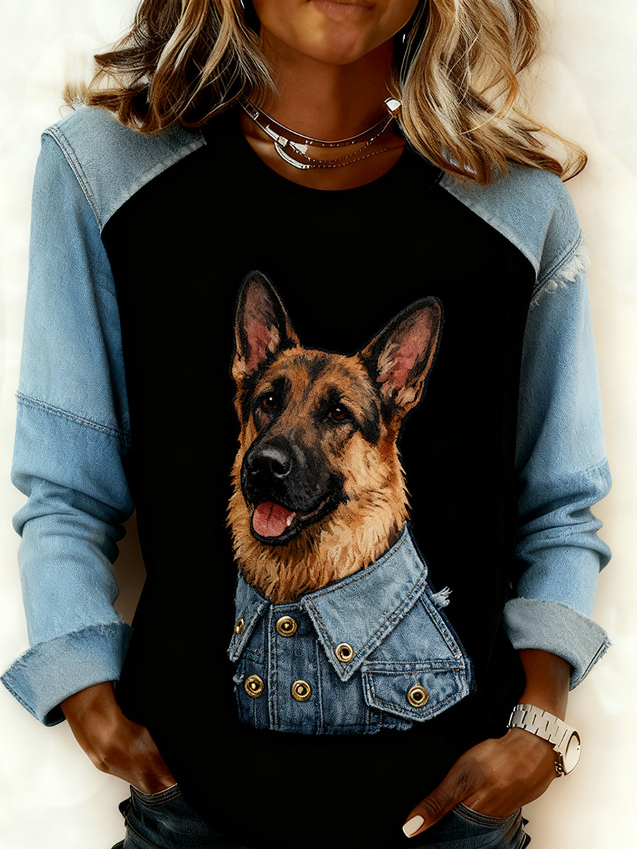 Mujeres Retro Animal Art Print cómodo Denim Patchwork sudadera
