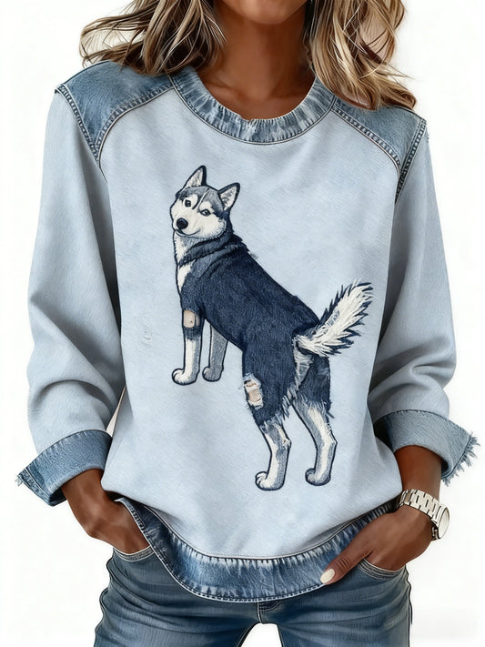 Top de manga larga con estampado de patchwork de mezclilla de perro lindo retro