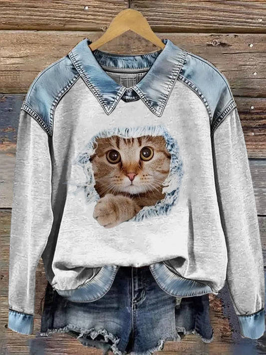 Sudadera de manga larga con estampado animal de solapa para mujer