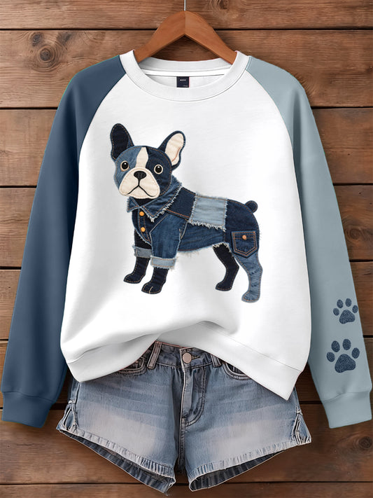 Mujer Denim Patchwork Art French Bulldog Patrón Sudadera